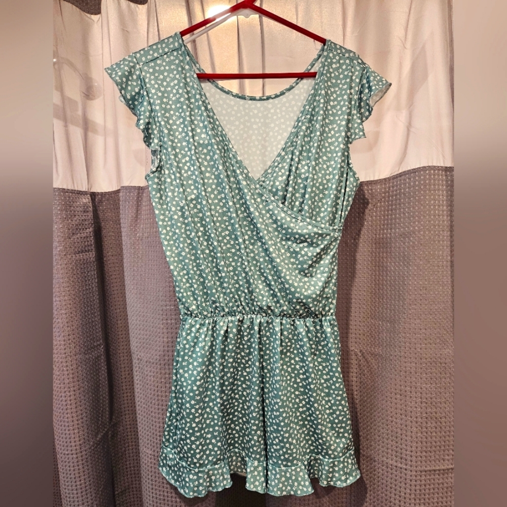 Artsy Romper Green Cottagecore Floral Bohemian Ruffle Gypsy Boho Women's Large